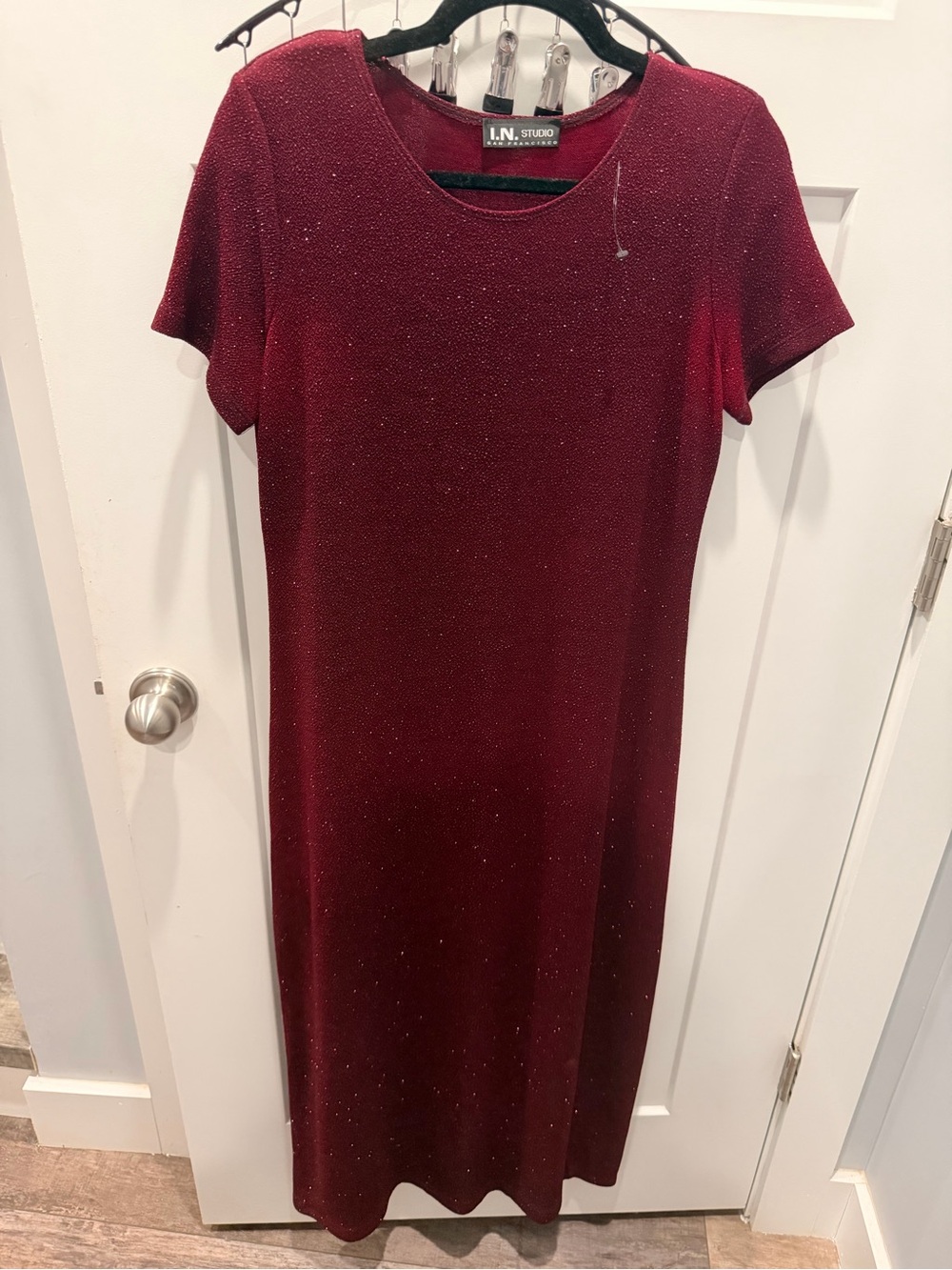 I.N. Studio Burgundy Shimmer Sparkle Short Sleeve Maxi Dress Holiday  medium